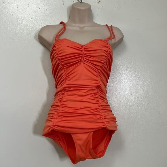 MICHAEL KORS RUCHED ORANGE ONEPIECE SWIMSUIT SIZE 6 - Picture 1 of 5
